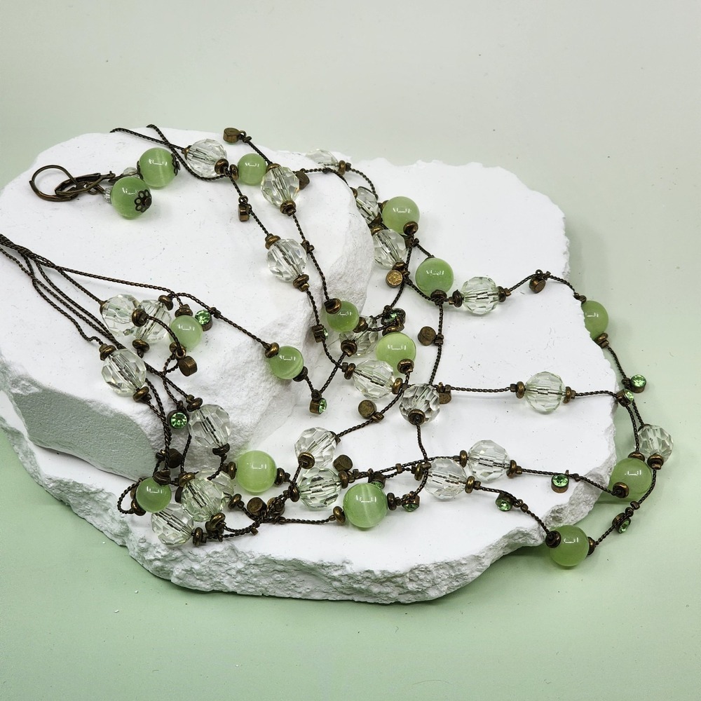 Green Clear Beaded Multi Strand Necklace Antique Brass Boho Statement Jewelry